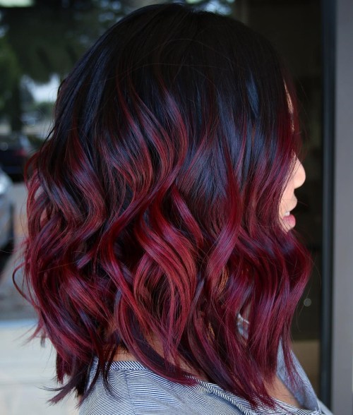 Glossy Black And Burgundy Hair