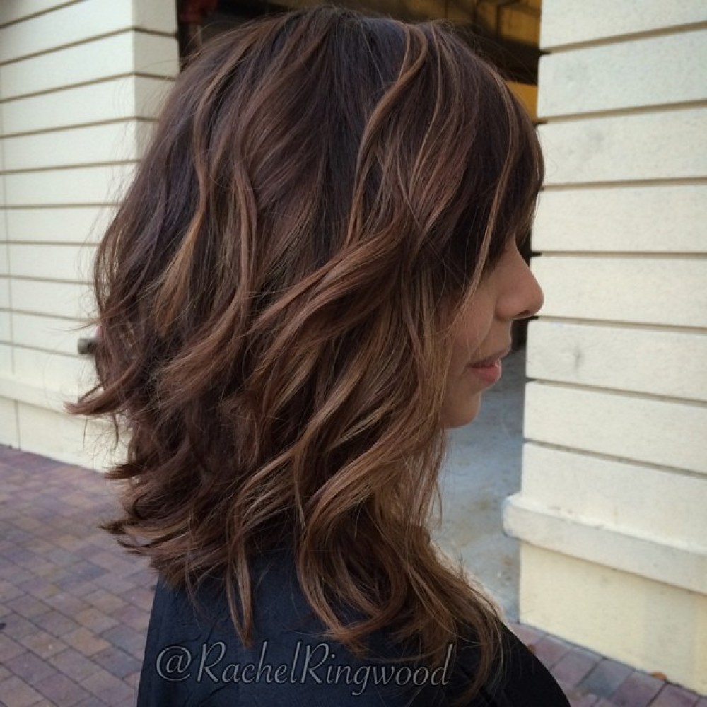 medium length wavy brunette balayage hair