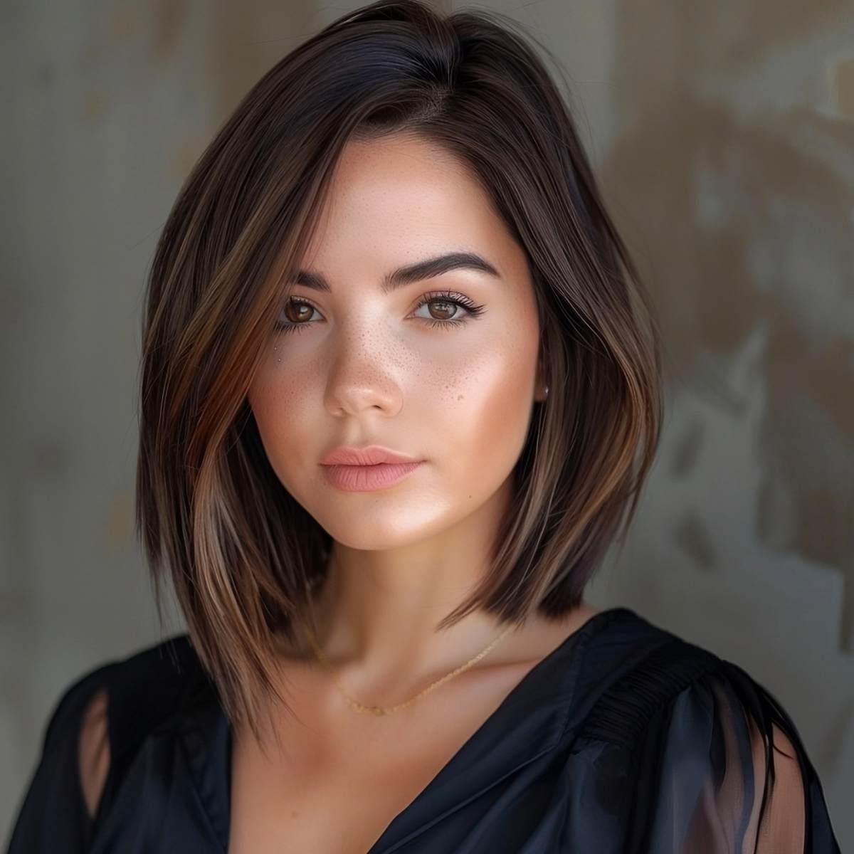 Asymmetrical Shoulder-Length Bob with Subtle Golden Blonde Highlights