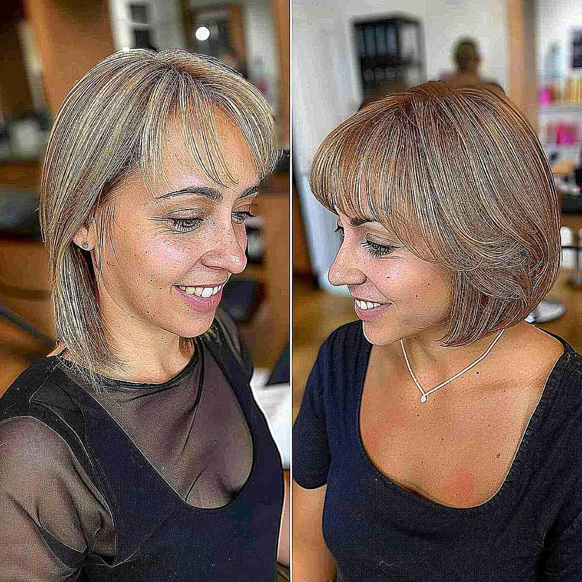 aw-length Sleek Golden Brown Bob with Side-Parted Fringe for a Chic Look