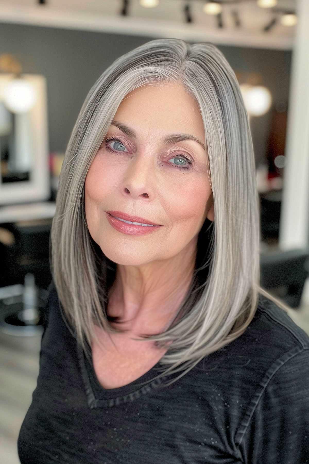 Blunt medium cut for older women with sleek finish