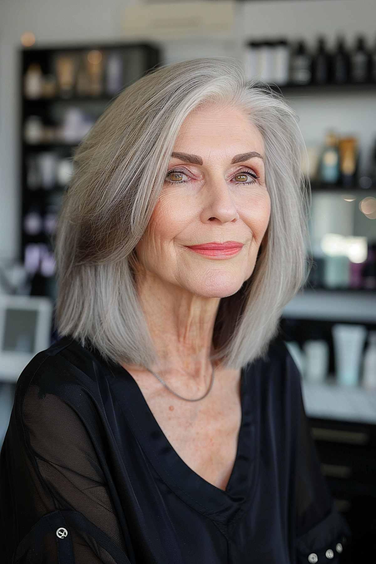 Blunt mid-length cut for women over 70 with soft layers