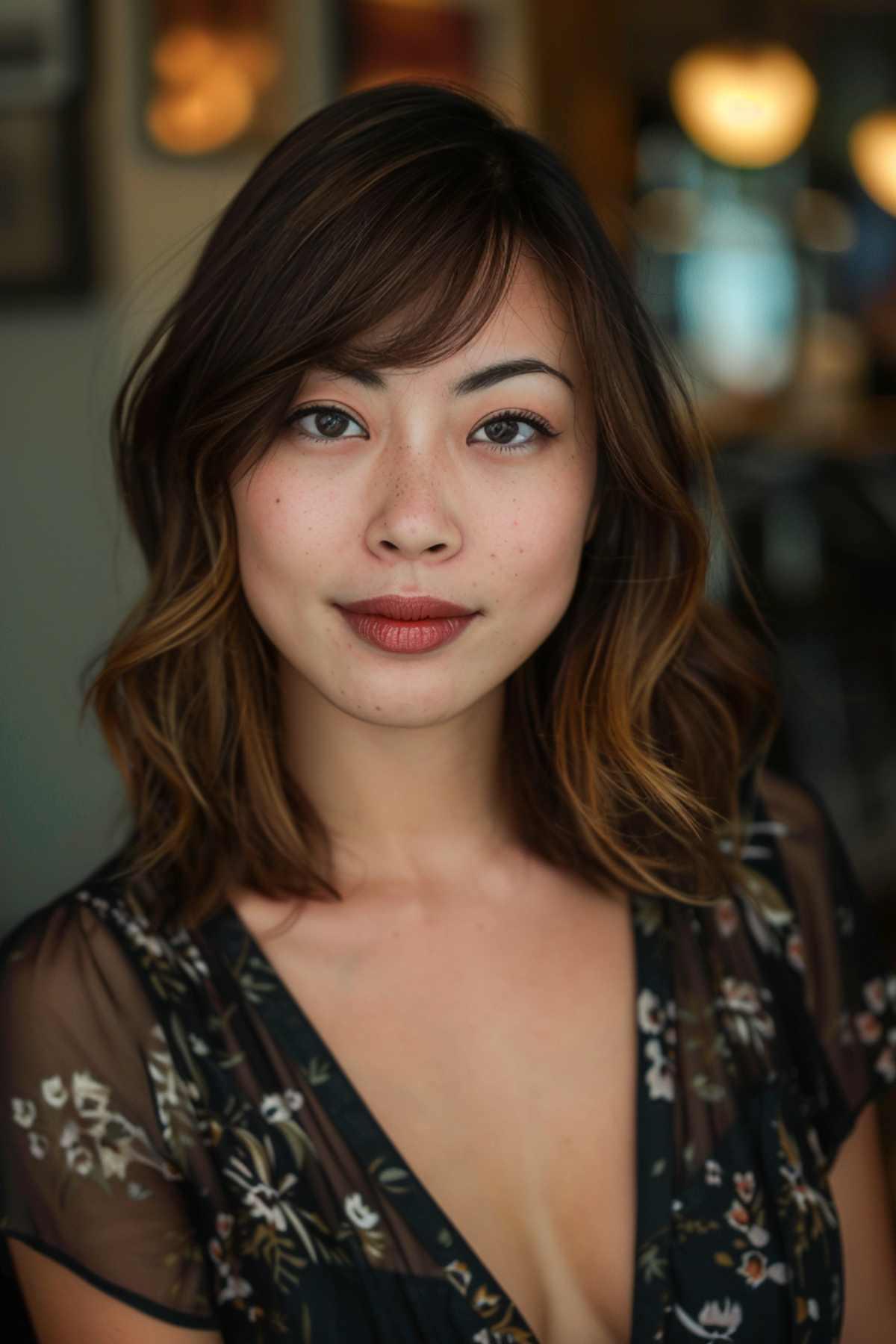 Blunt mid-length haircut with side-swept bangs for medium to thick hair