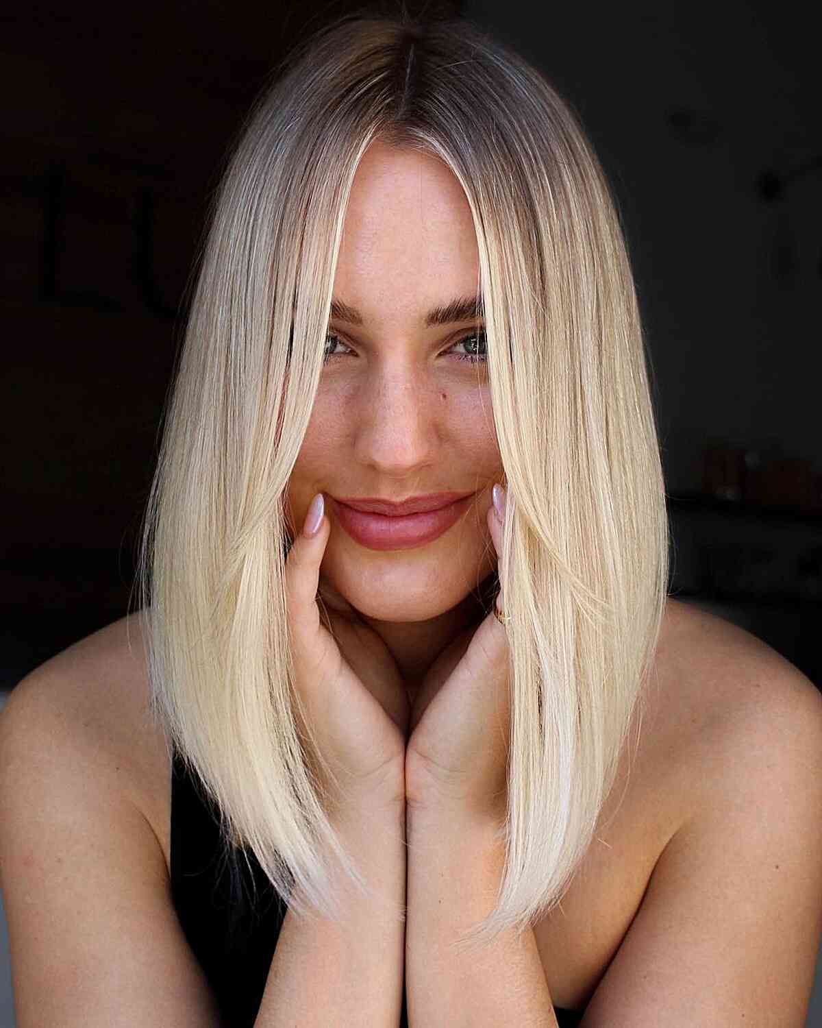 Bright Blonde Medium-Length Bob with Darker Roots