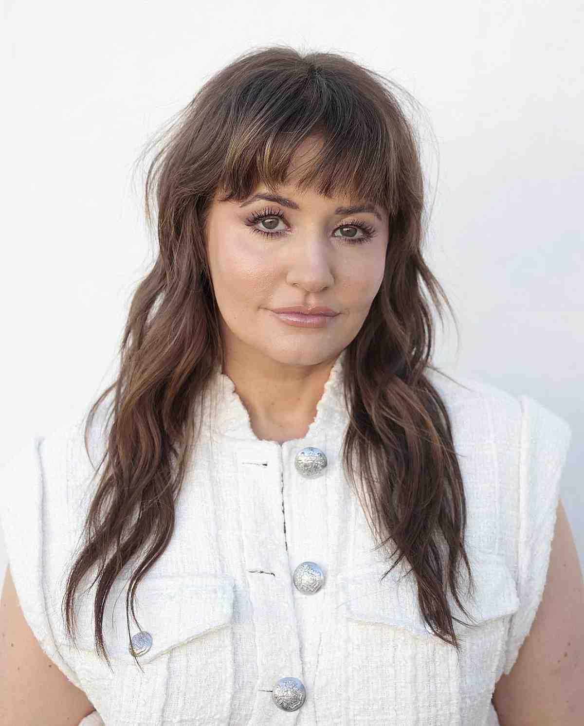 Cute Medium-Length Layered Brunette with Wispy Fringe for Fine Hair