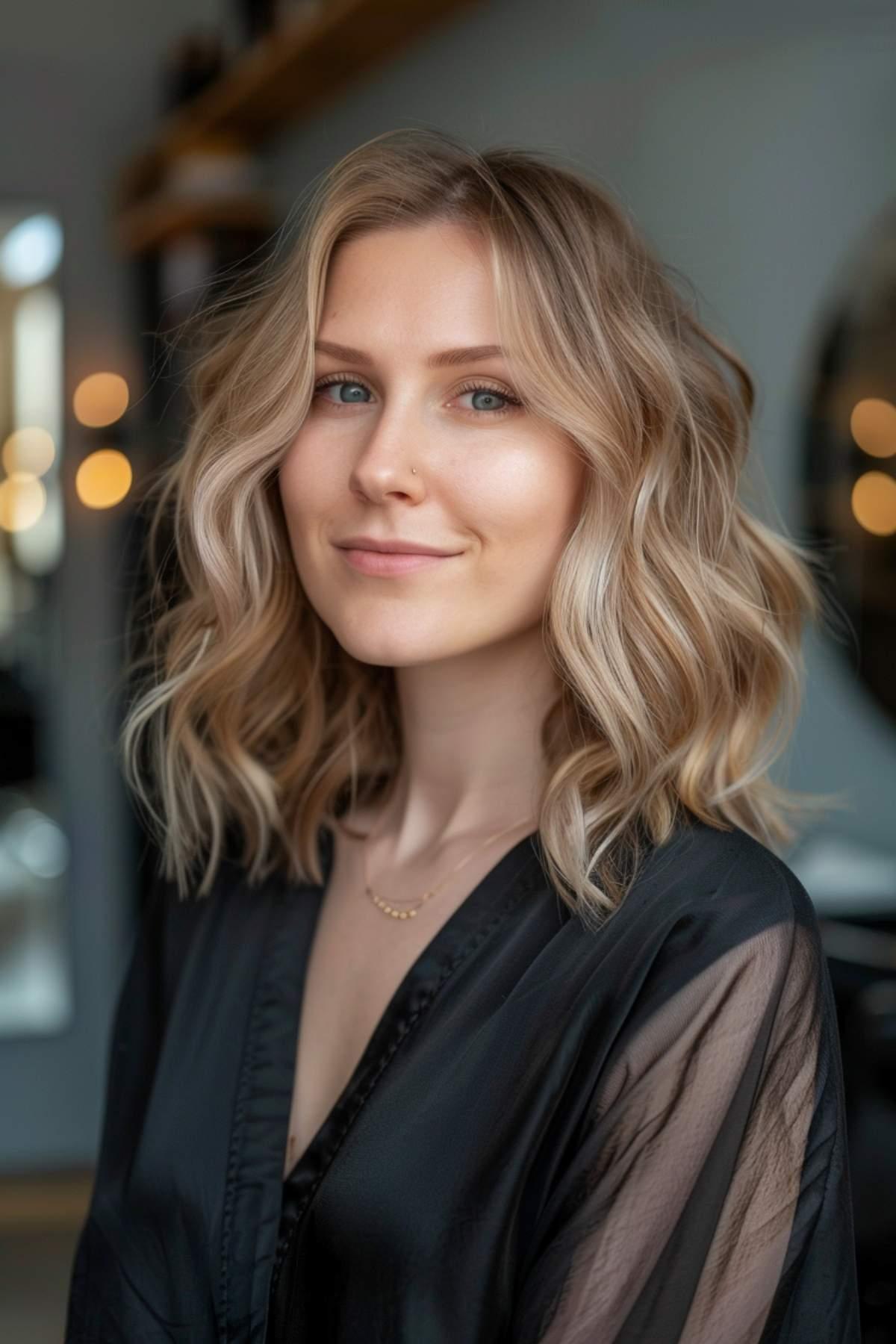 Edgy blunt cut with textured waves for medium to thick hair