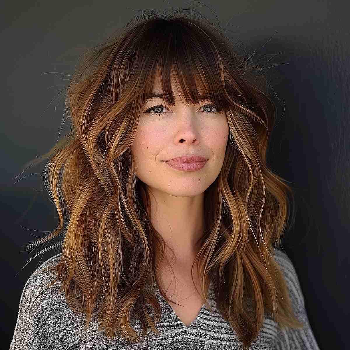 Layered Long Hair with Straight Bangs