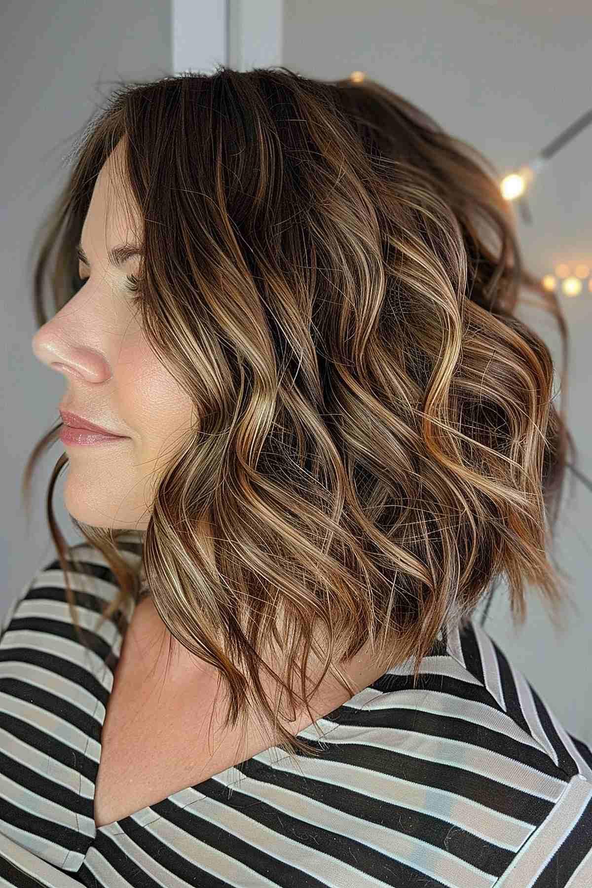 Long angled bob with curled ends