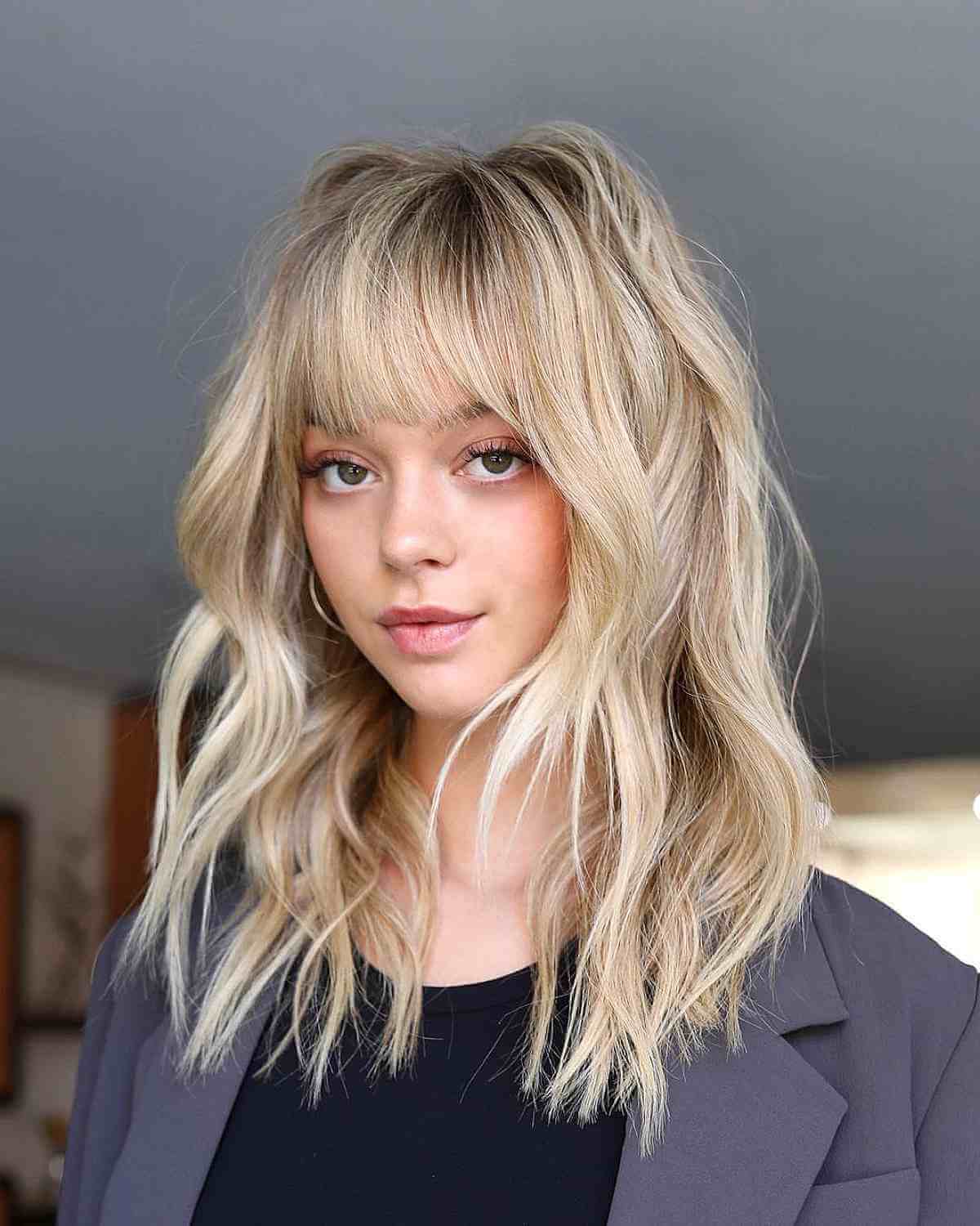 Medium Choppy Blonde Hair with Dark Roots for Fine Hair