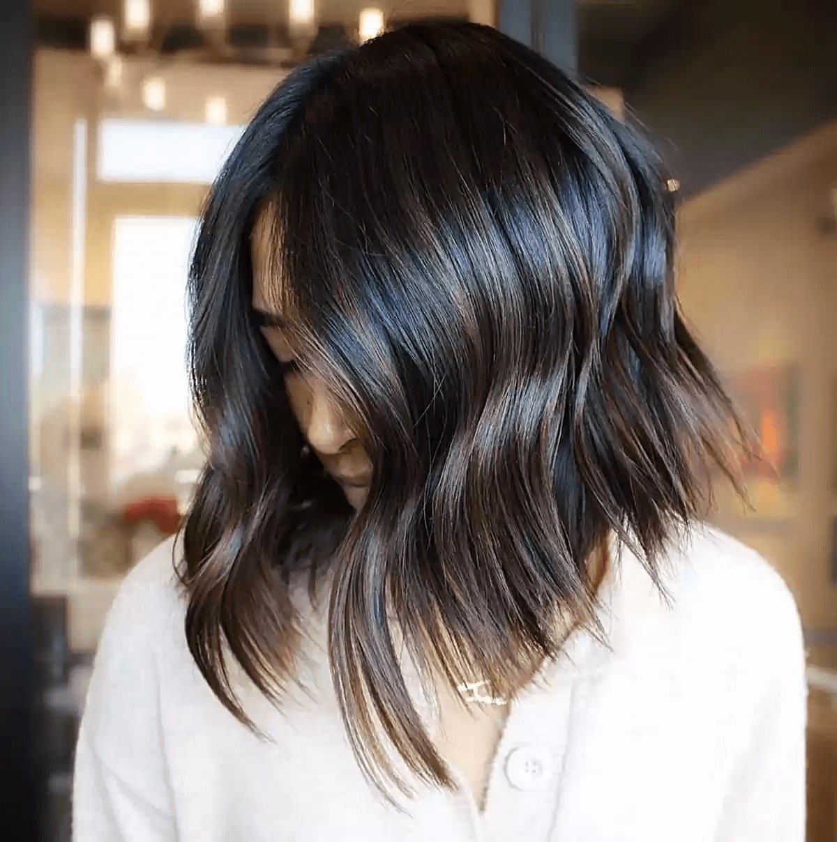 Milk Chocolate Color on a Choppy Mid-Length Cut for Fine Hair