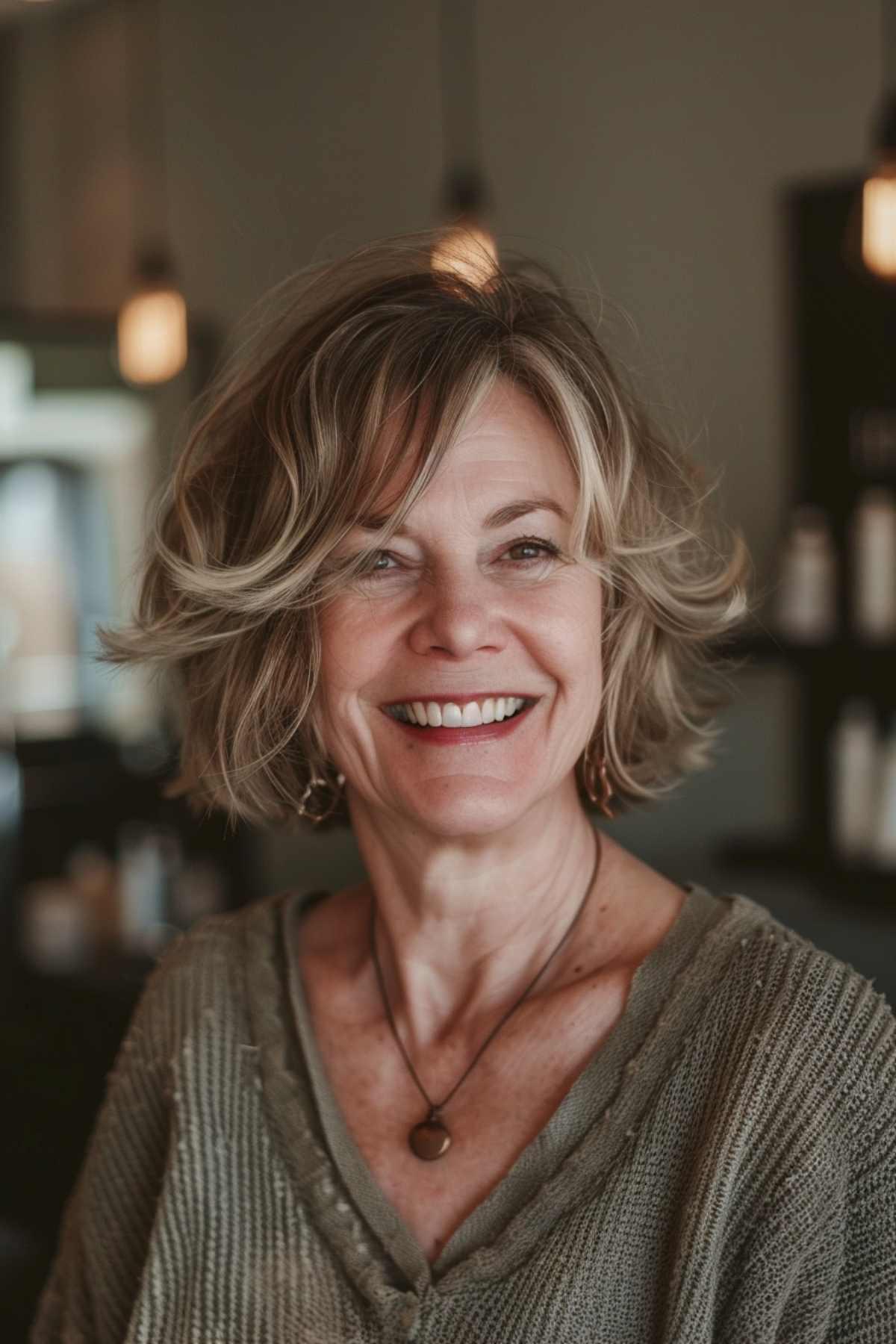 Older woman with a tousled inverted teacup bob featuring messy layers.