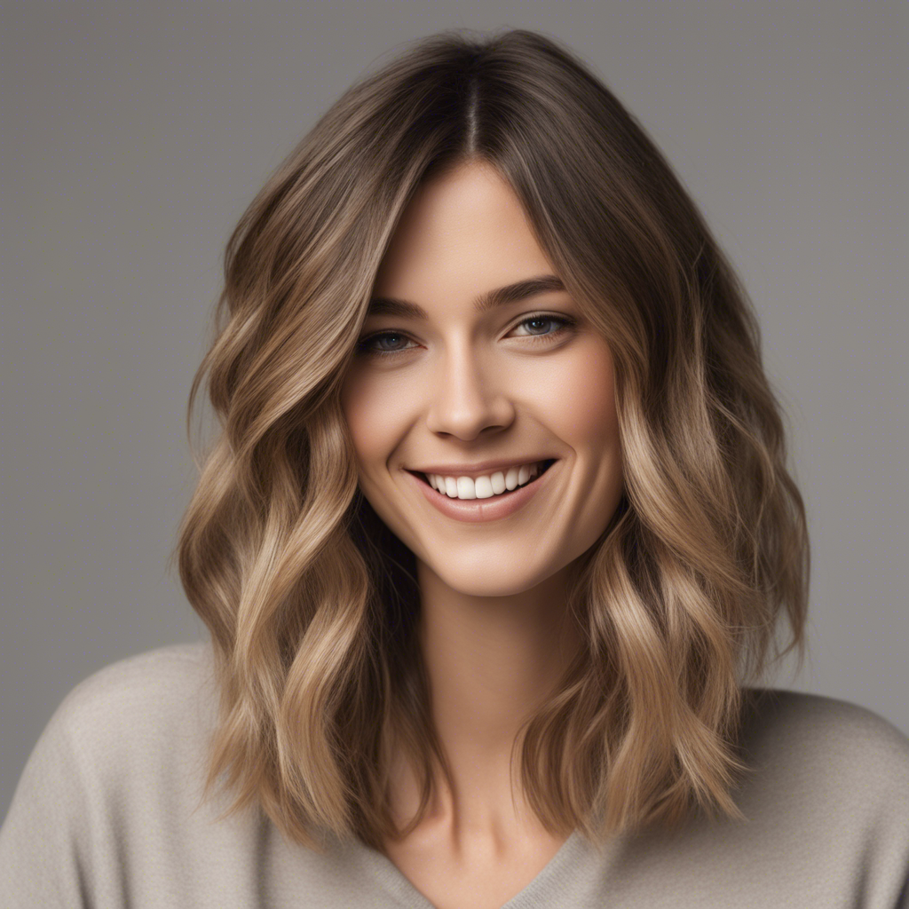 Realistic human with balayage shaggy layers on medium-length hair