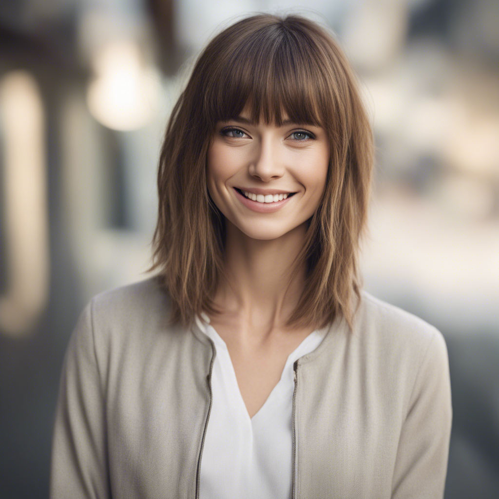 Realistic human with layered bangs on medium-length hair