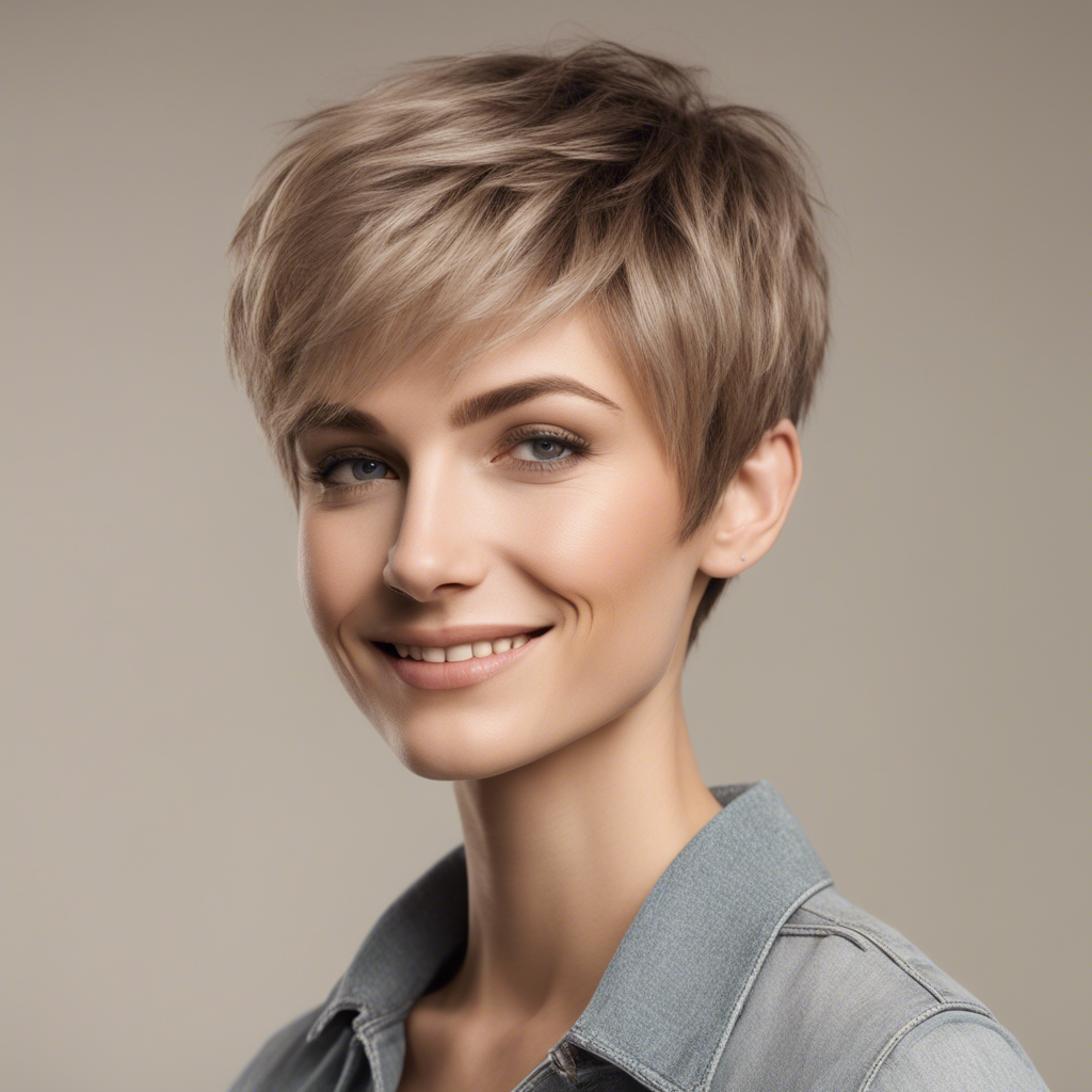 Realistic human with layered pixie cut