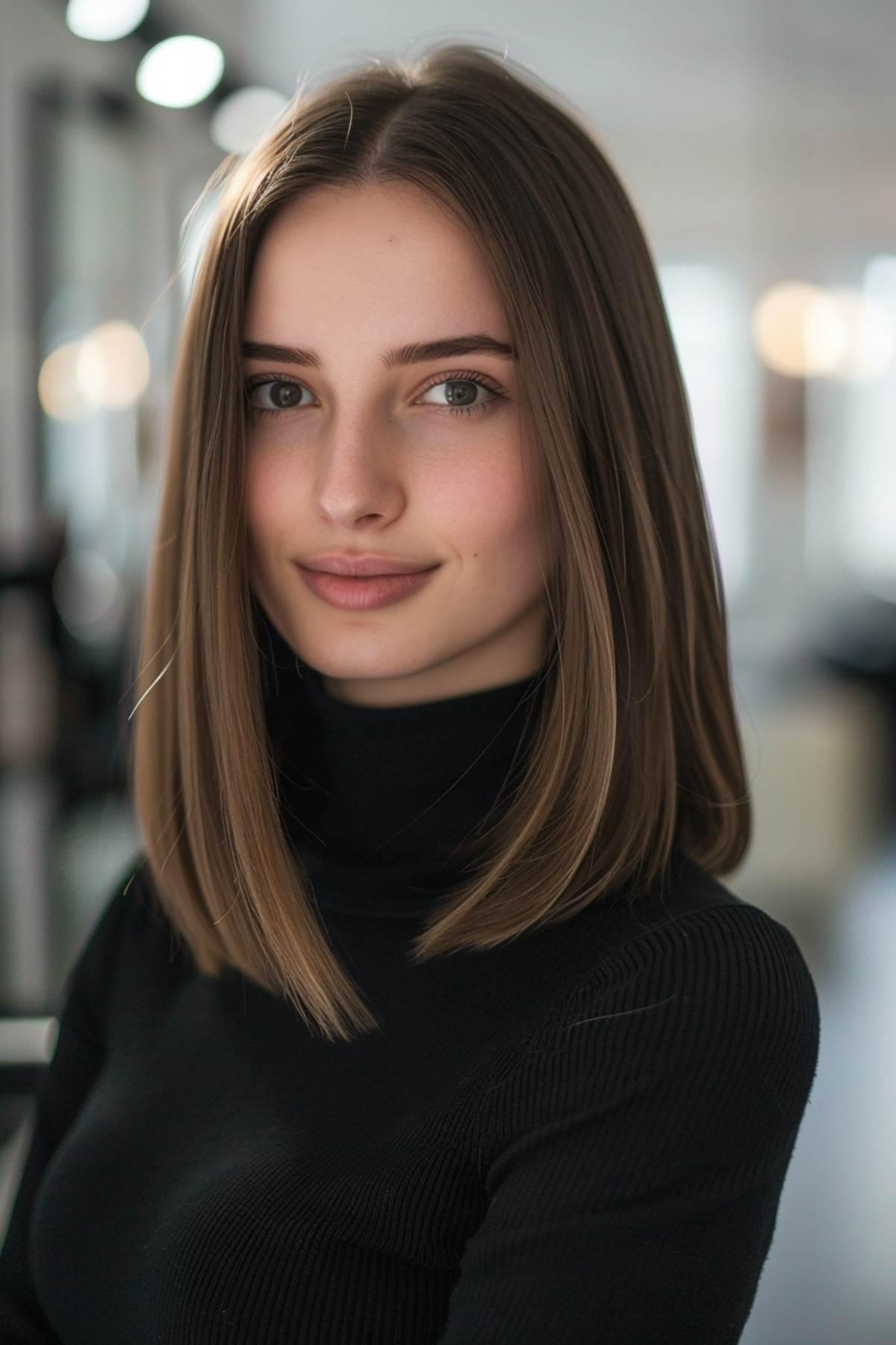 Shoulder-length blunt bob for straight hair with polished ends