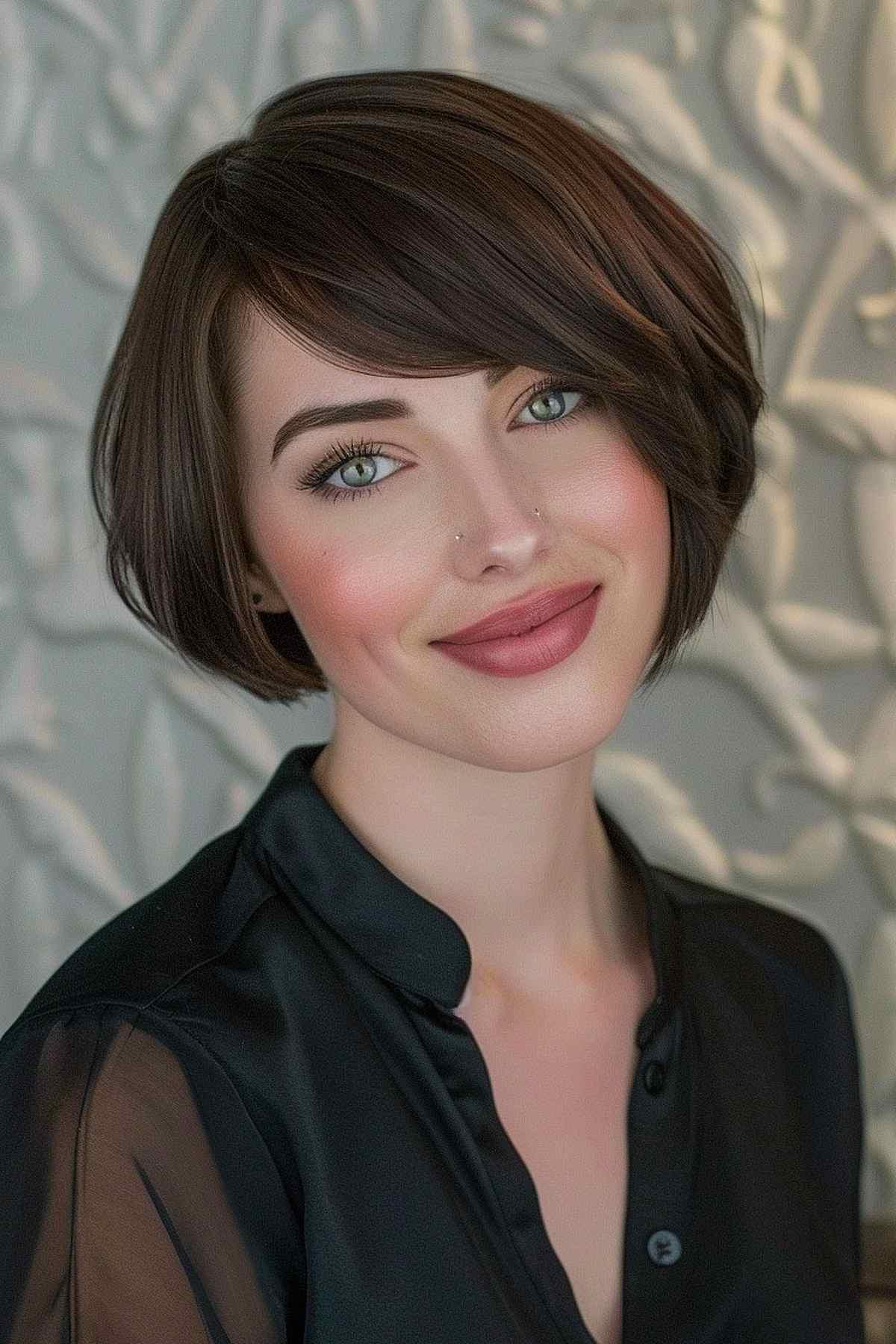 Sleek Chanel bob with a dramatic side sweep for a contemporary look.