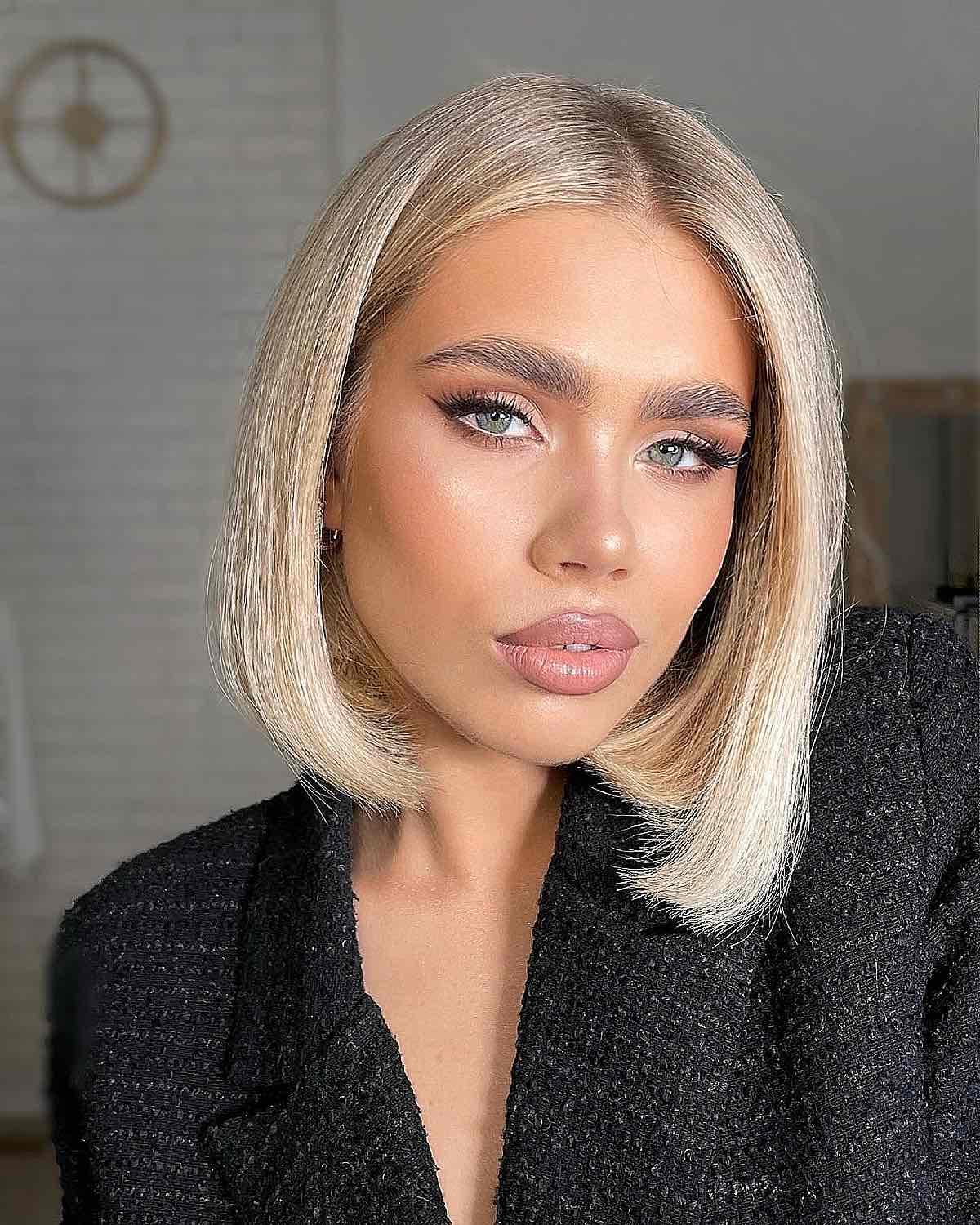 sleek slightly angled bob with a middle part