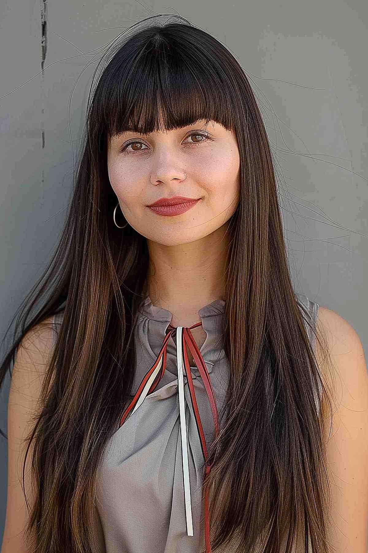 Sleek straight bangs with long layered hair