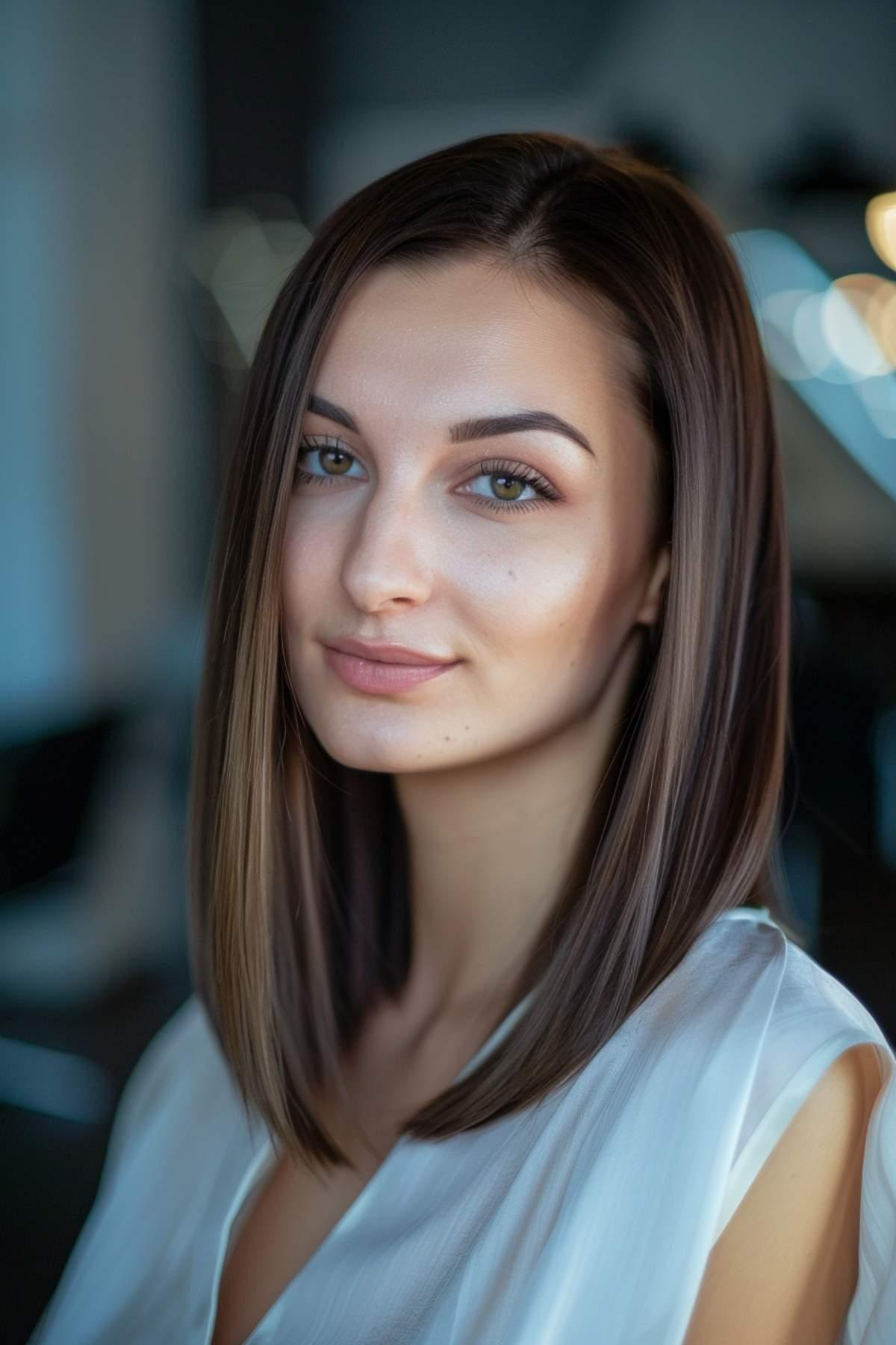 Sleek, straight blunt cut for fine hair, medium length