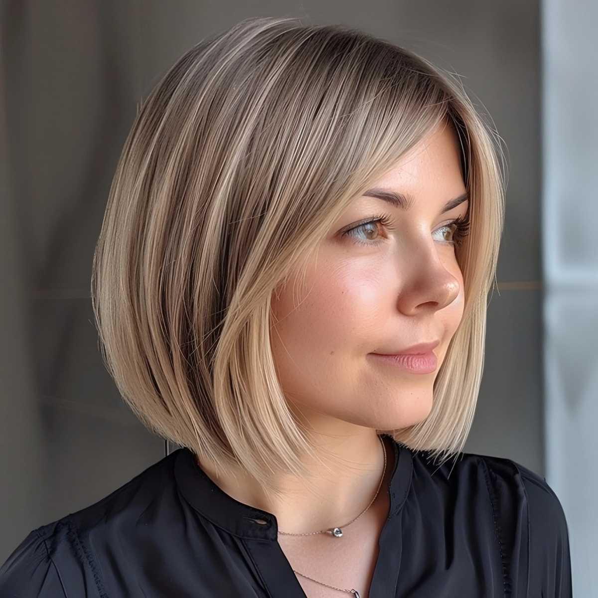 Tapered Medium Bob Haircut with Long Side-Swept Bangs and Ash Blonde Hue