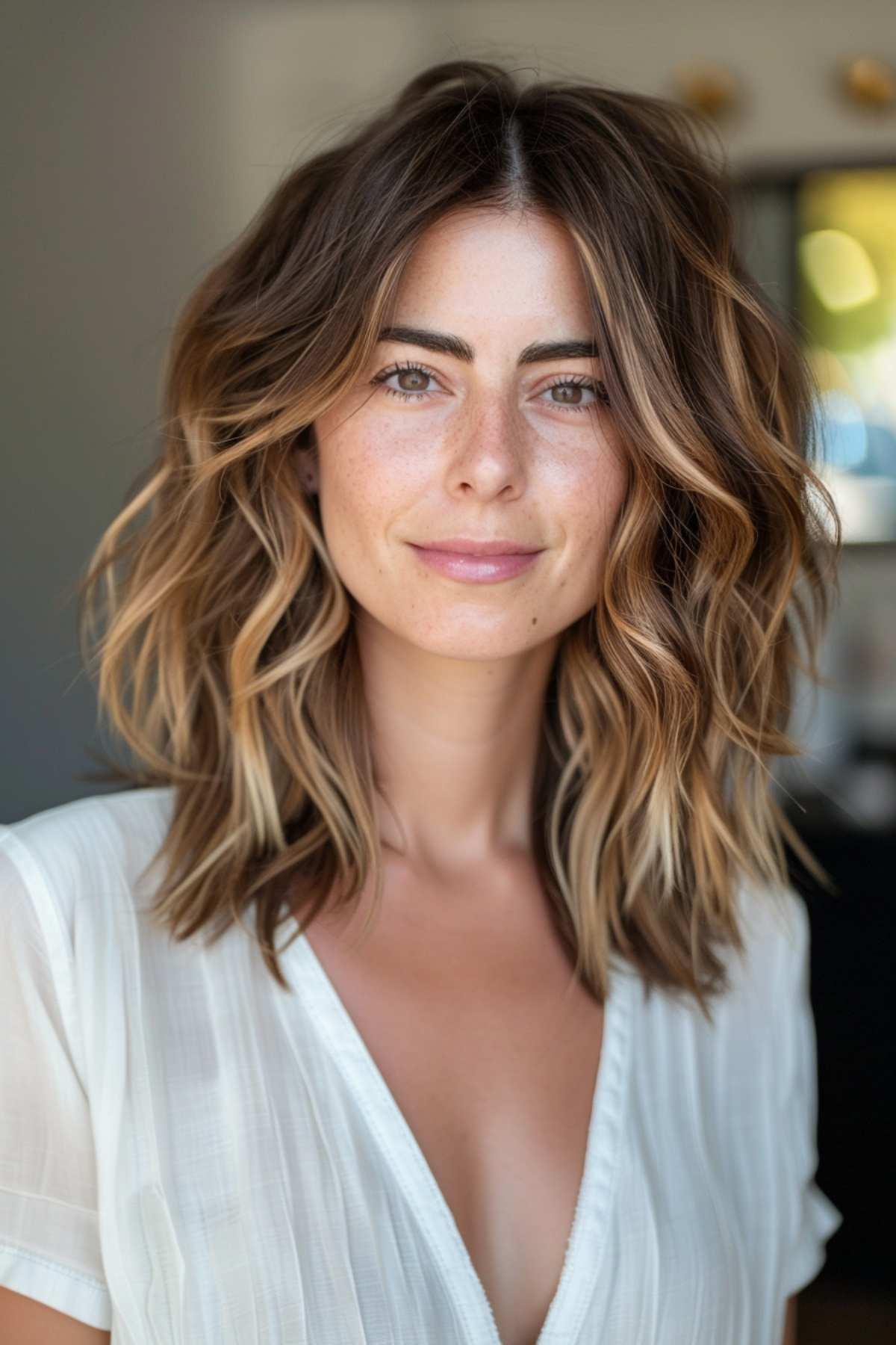 Tousled medium blunt bob with waves for fine to medium hair