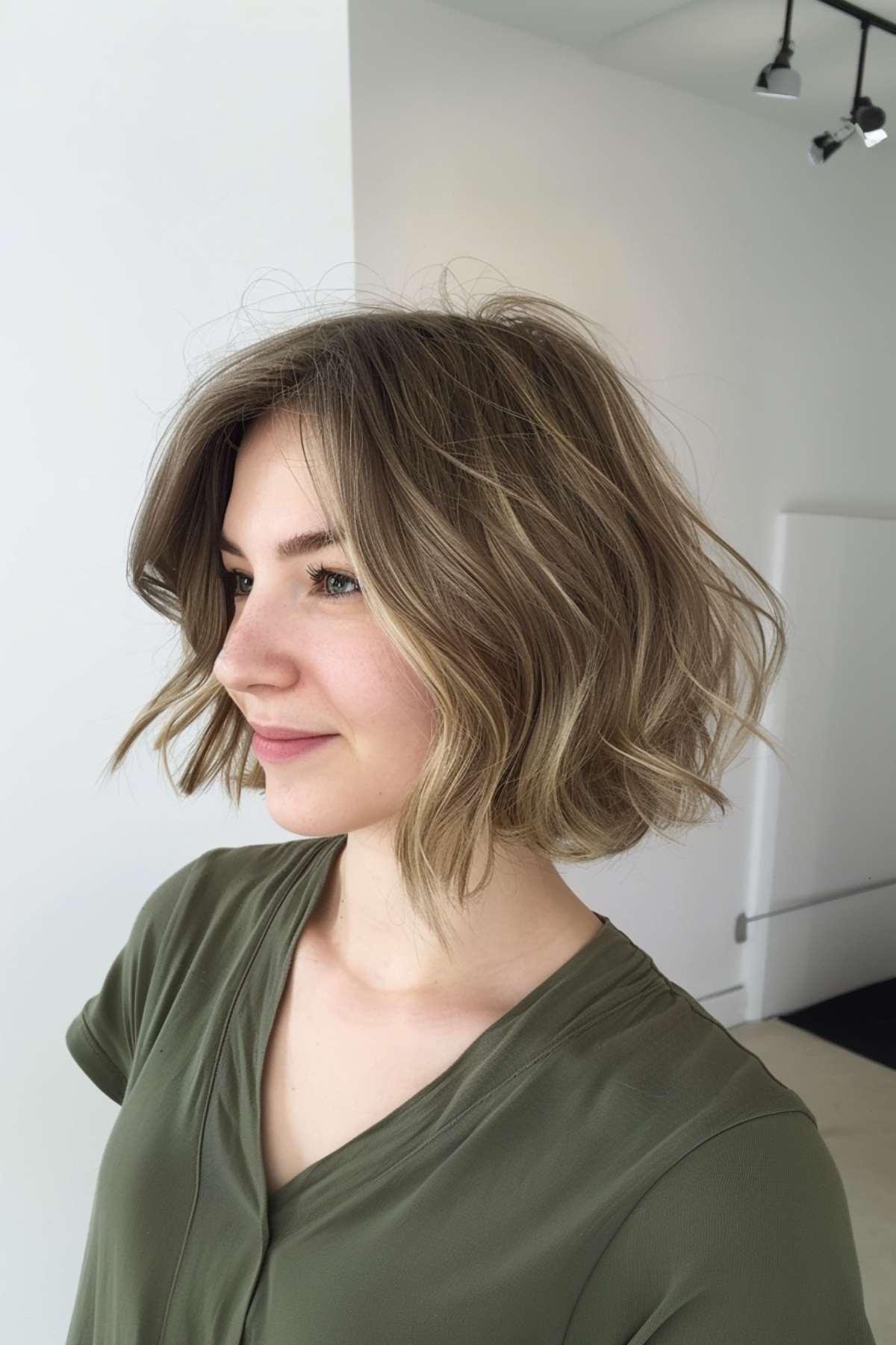 Woman with a layered inverted teacup bob for fine hair, featuring soft waves.