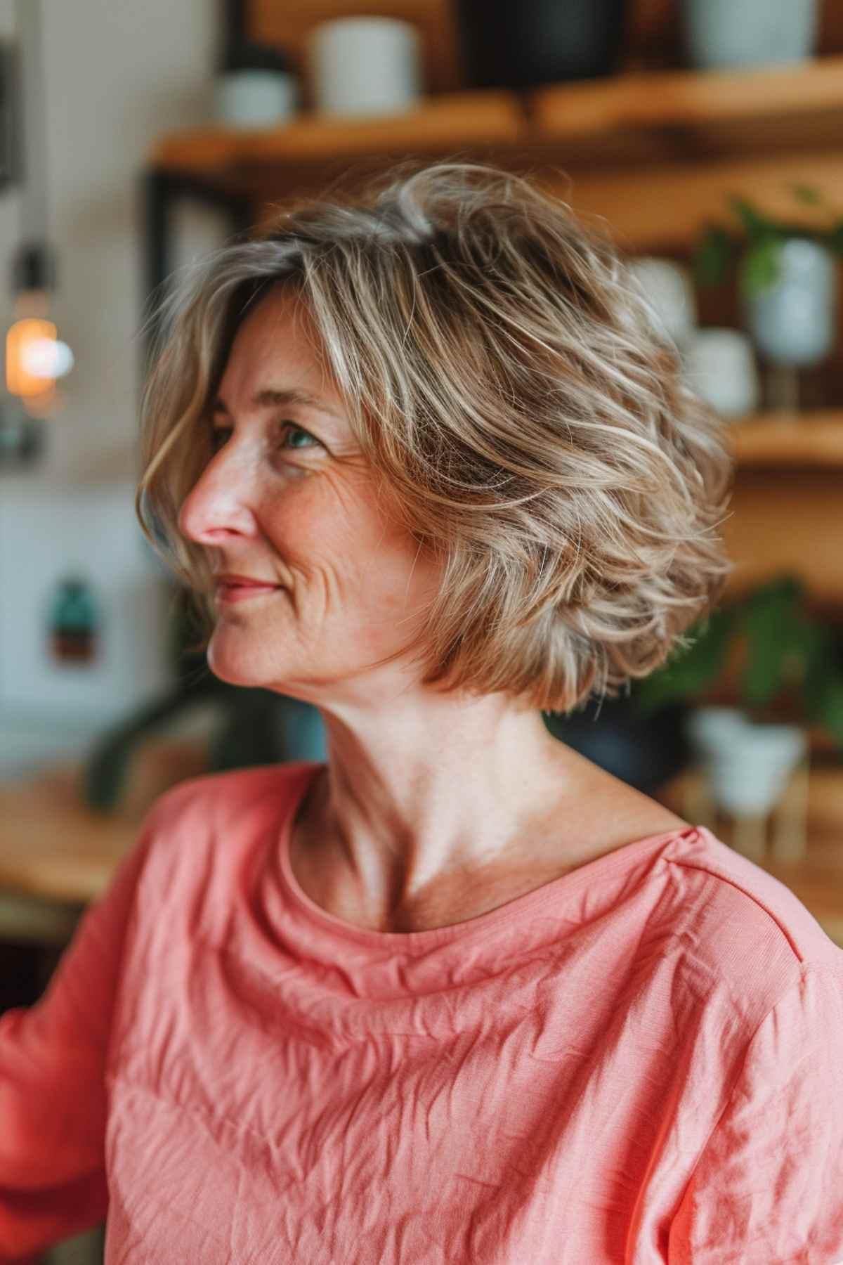 Woman with a messy inverted teacup bob featuring tousled layers.