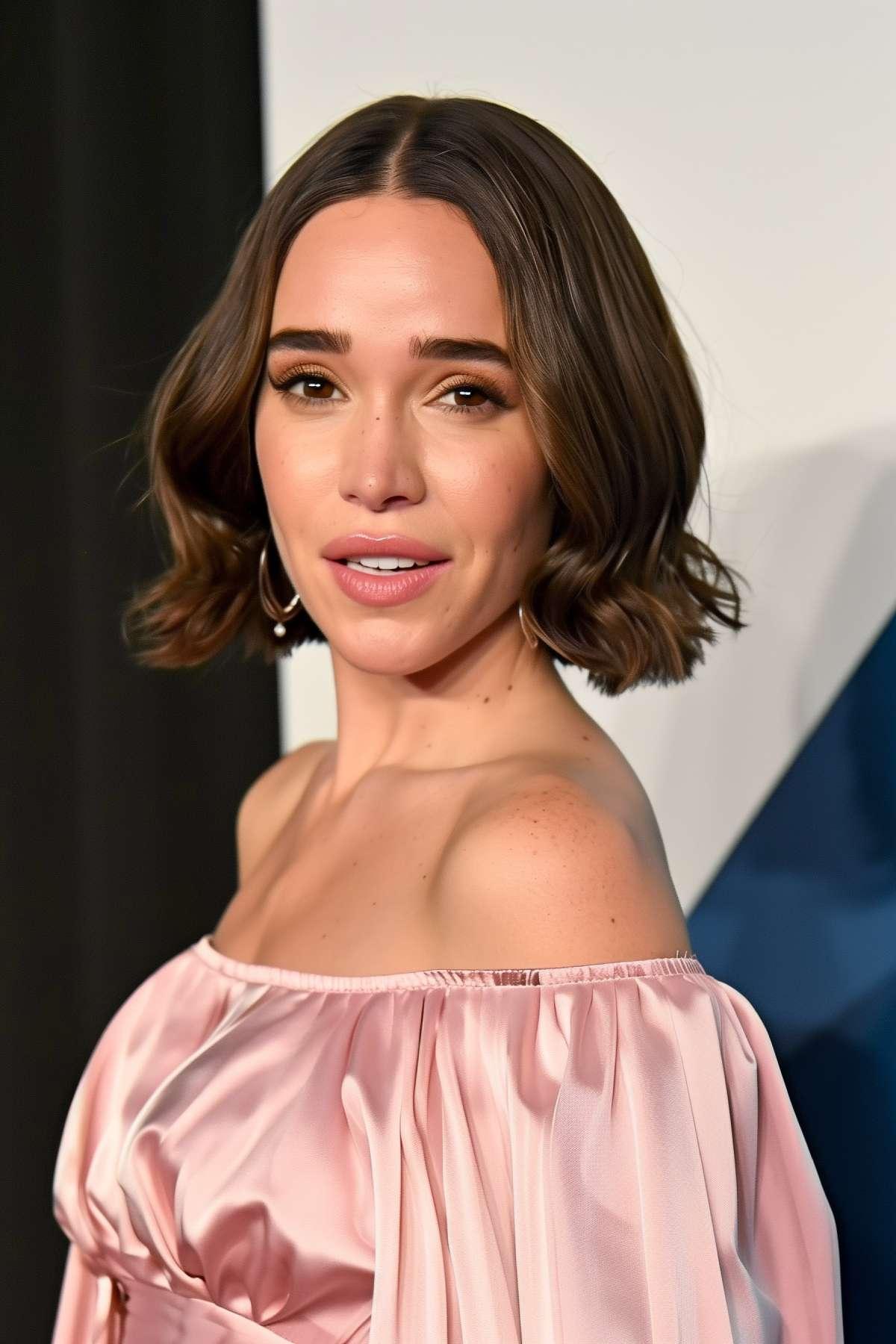 Woman with a sleek teacup bob haircut featuring subtle waves and a center part.