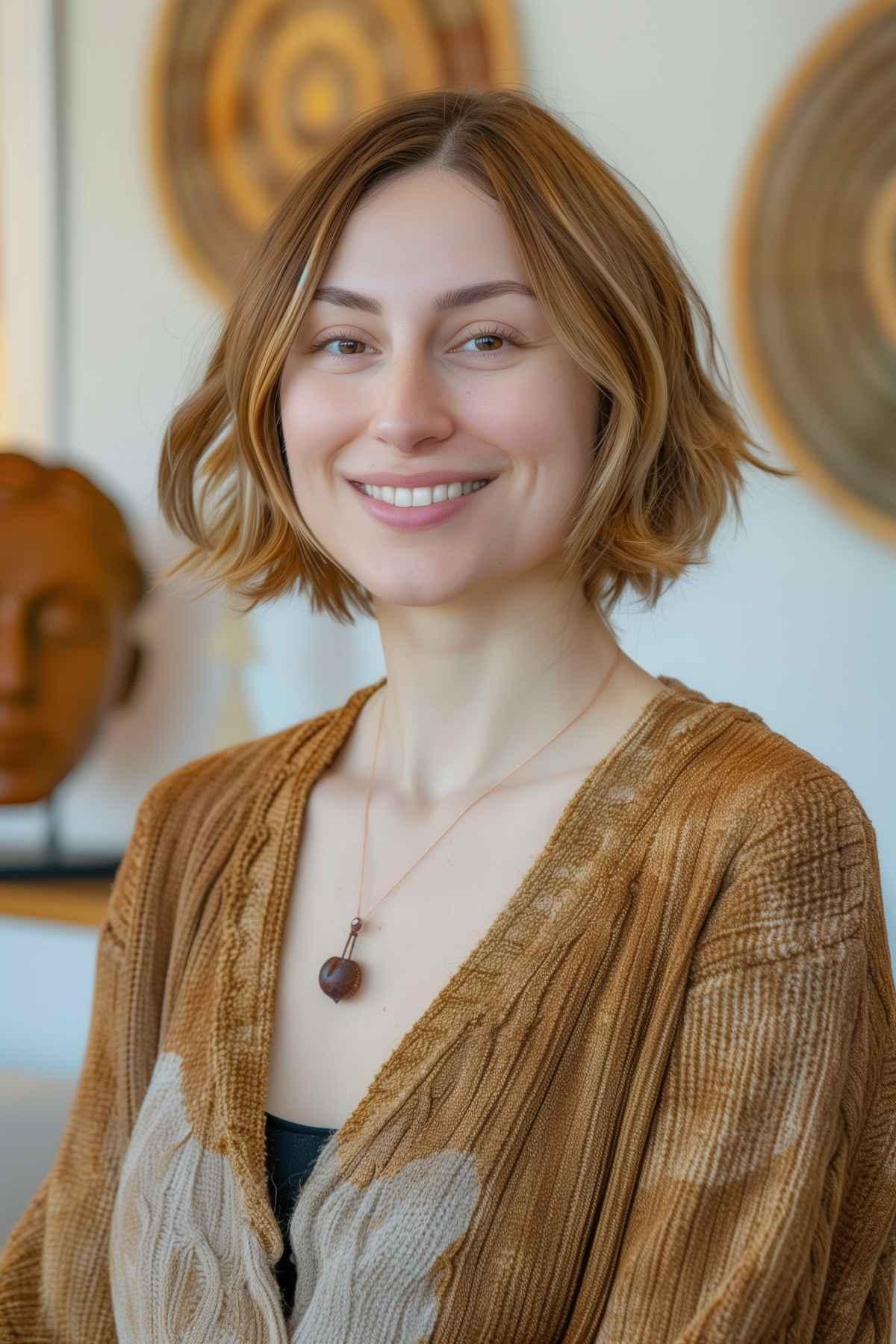 Woman with a teacup bob featuring dimensional lowlights and slight waves.