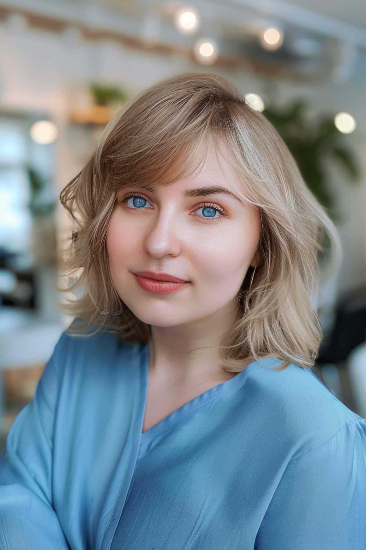 Woman with a teacup bob featuring side-swept bangs and subtle layers.