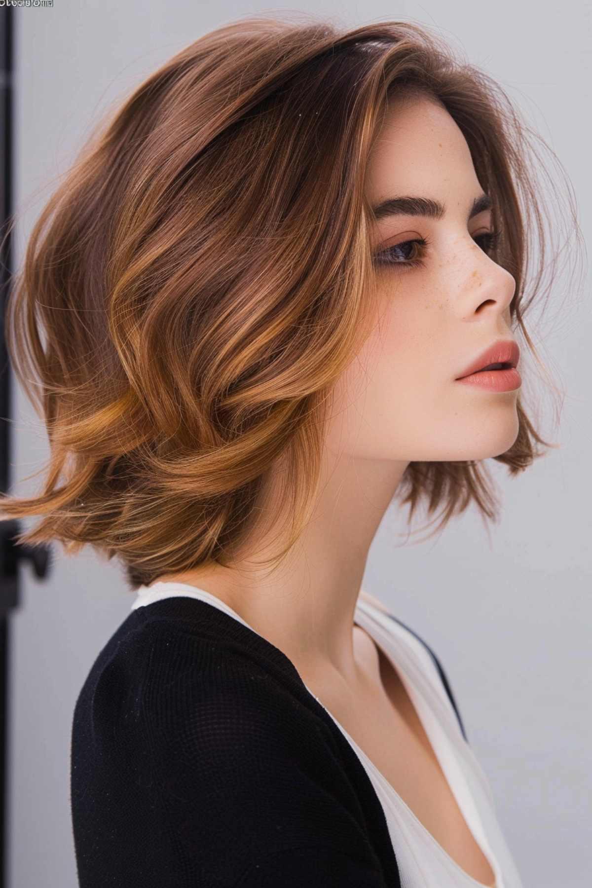 Woman with a teacup bob featuring soft waves and slight layers.