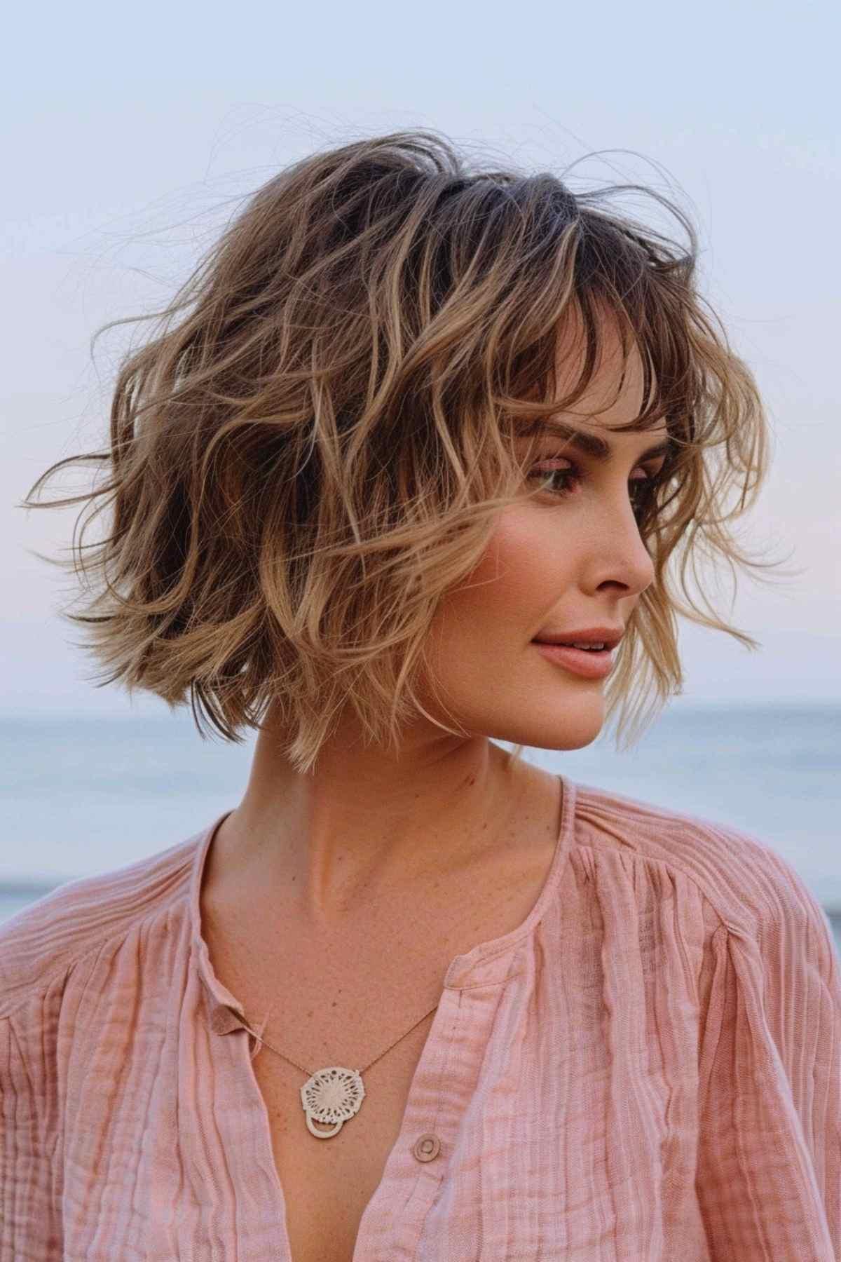 Woman with a tousled bob featuring messy, beachy waves.