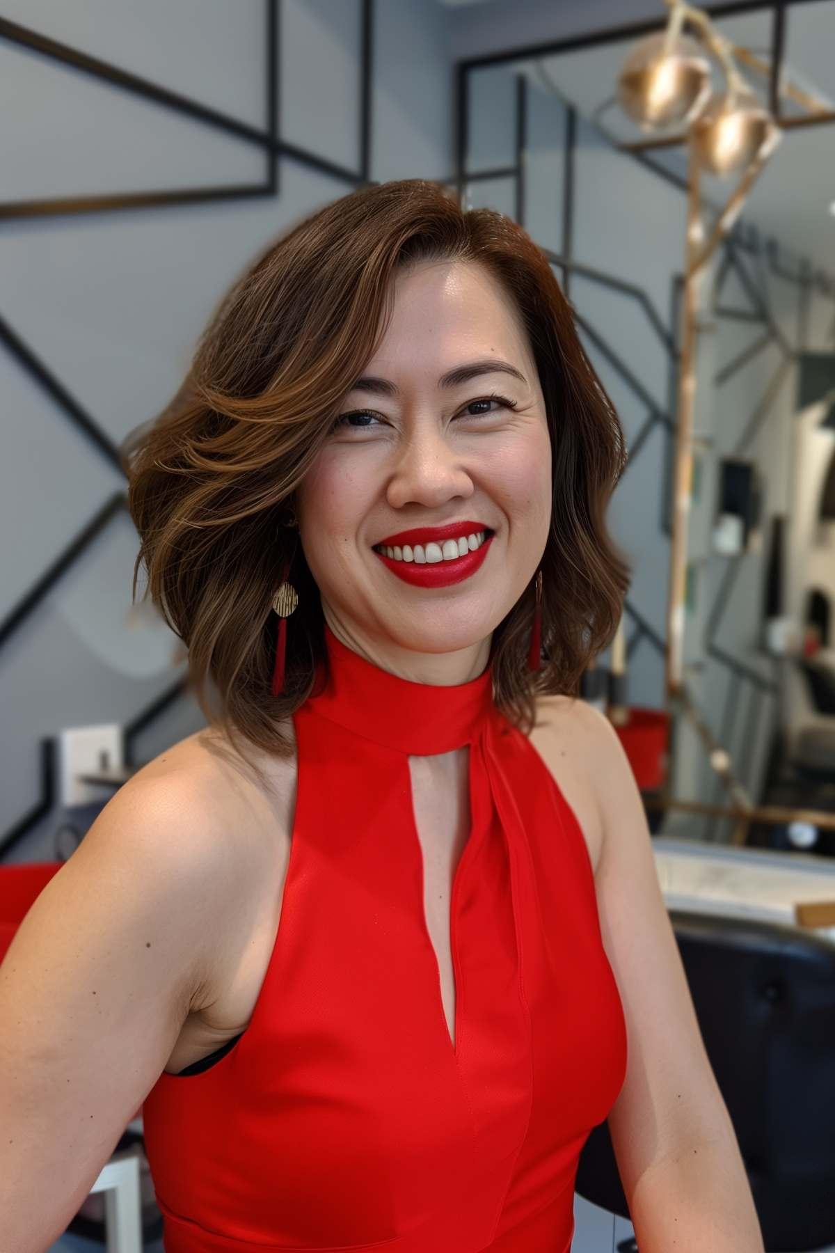 Woman with an inverted bob featuring a deep side part and subtle waves.