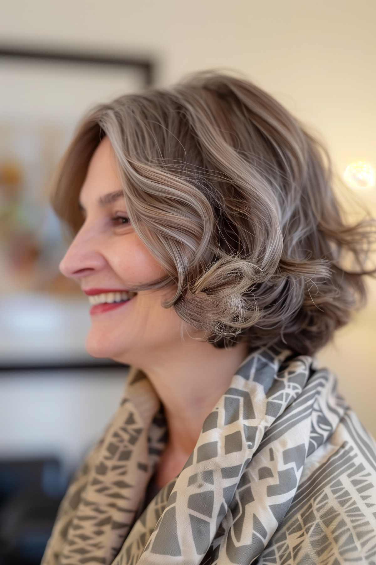 Woman with an inverted teacup bob featuring a hint of wave.