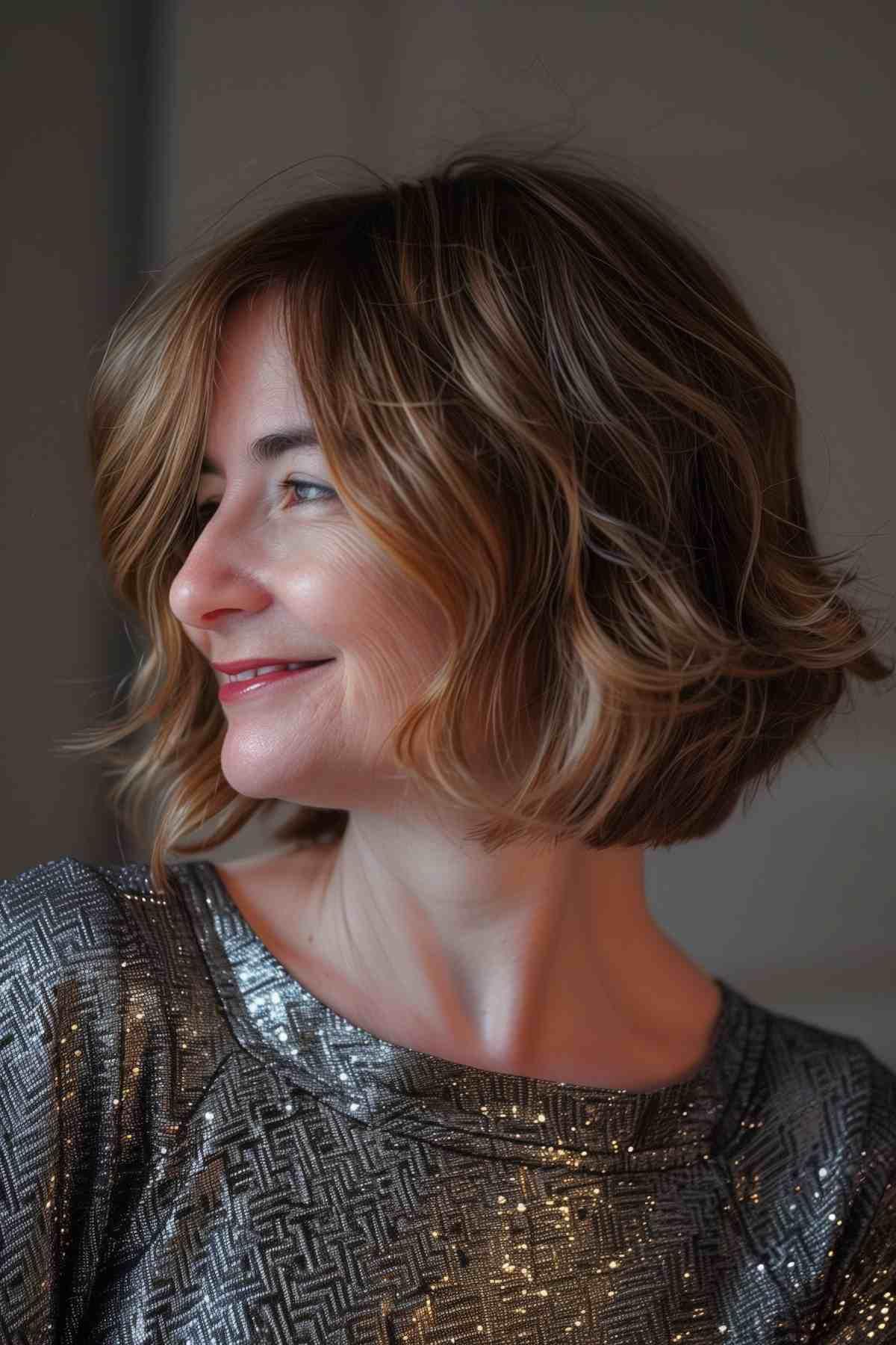 Woman with an inverted teacup bob featuring bold color highlights and waves.