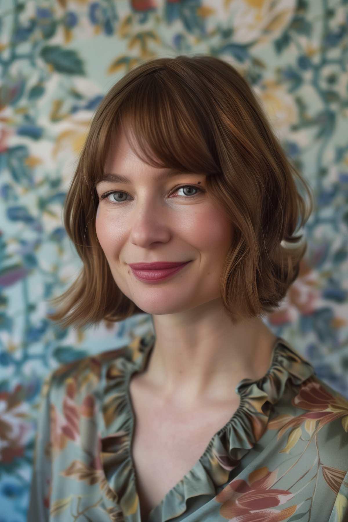 Woman with an inverted teacup bob featuring curtain bangs and slight waves. 