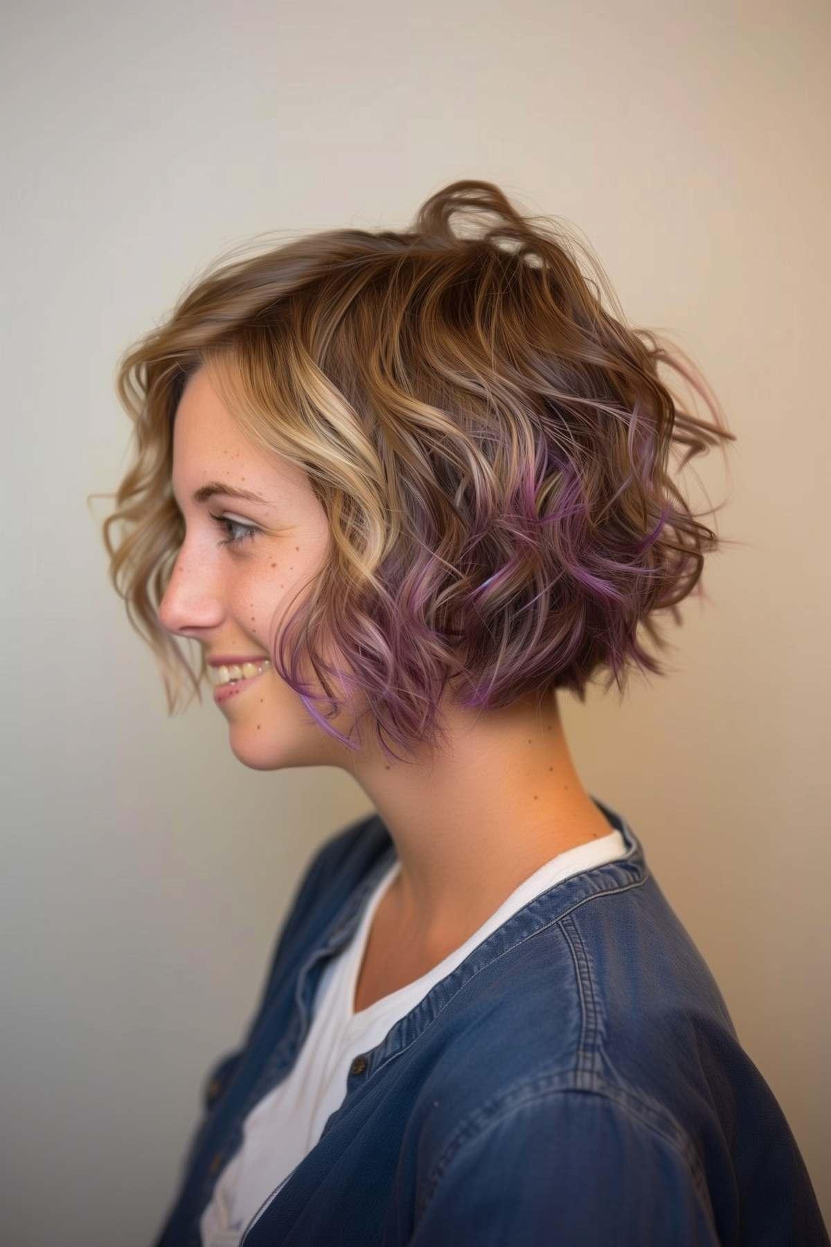 Woman with an inverted teacup bob featuring peekaboo highlights and soft waves. 