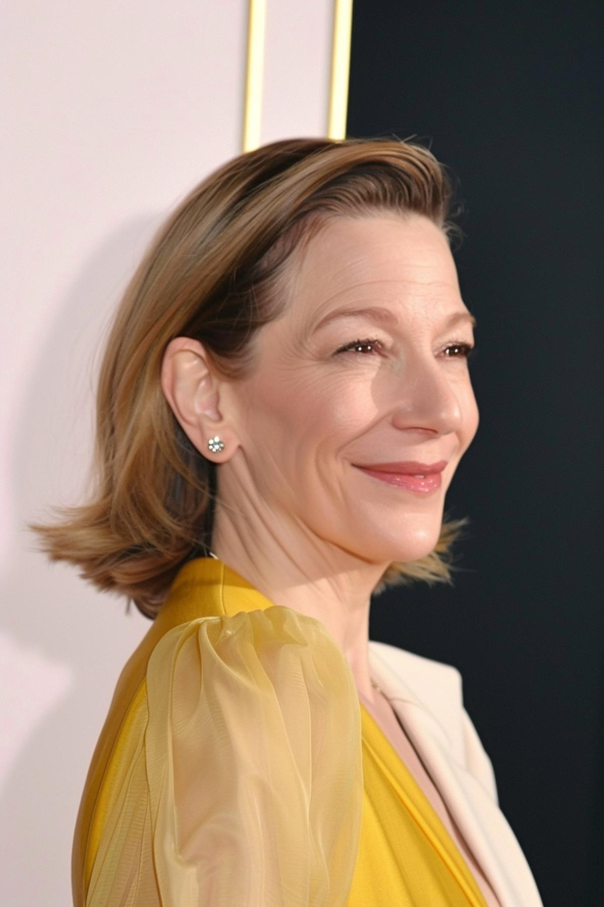 Woman with an inverted teacup bob for straight hair, featuring clean lines.