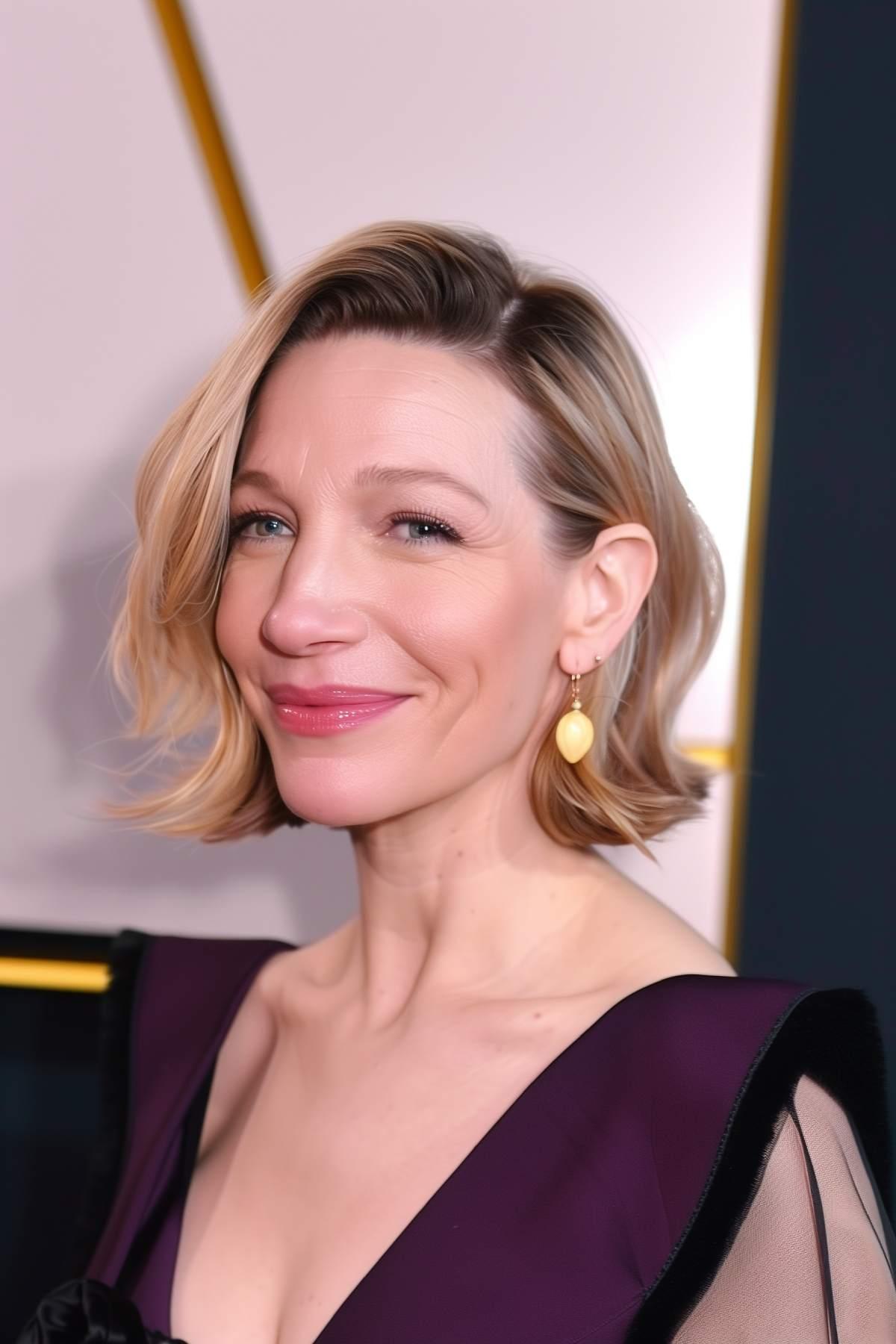 Woman with an inverted teacup bob haircut featuring soft waves and a side part.