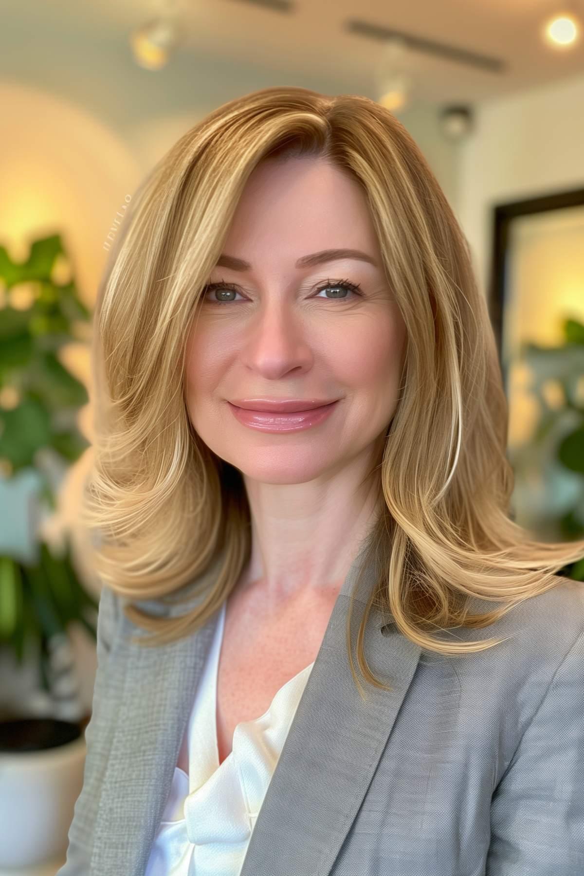 Woman with an inverted teacup long bob haircut featuring subtle waves. 